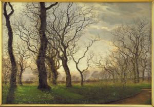 I udkanten af en egeskov en tidlig forarsmorgen by Janus Andreas Bartholin La Cour
