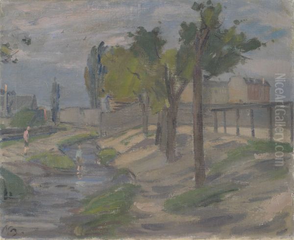 Boys Paddling in the Ladegards Stream (?).Gables In the Background - view 1