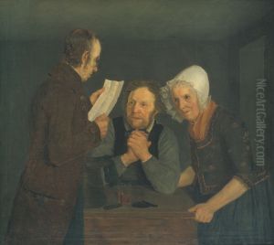 En skolemester laeser et brev op for et par gamle folk fra deres son i udlandet by Moritz Unna