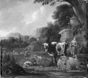 Shepherdess with her Cattle, Sheep and Goats by Esaias Van De Velde
