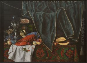 Trompe l'oeil med maltidsstykke med pragtkar