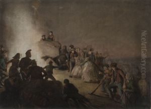 St. Hansaften. Bonder, som har taendt blus pa en kaempehoj, danser omkring ilden