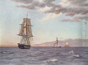 Korvetten "Galathea" ligger underdrejet for at sende hjaelp til briggen "St. Jan" som er blevet pasejlet by Christoffer Wilhelm Eckersberg