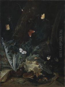 A Forest Floor with a Thistle, a Snake, a Lizard and Butterflies / Thistle and butterflies by Otto Marseus van Schrieck