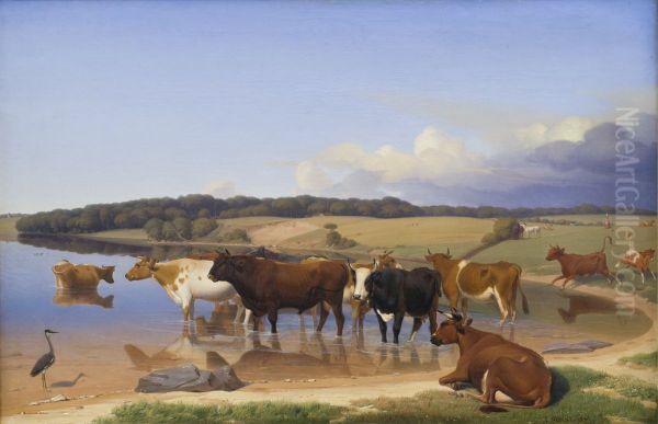 En flok kvaeg har sogt kolighed i en so pa en hed sommerdag - view 1