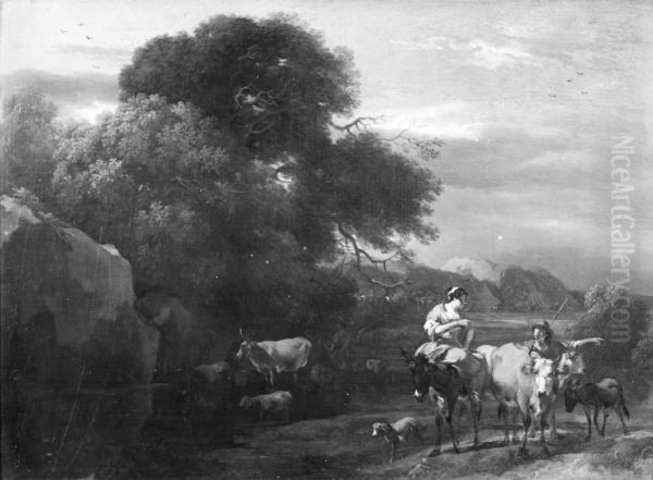 Evening Landscape with Wooded Rocks and Cattle - view 1