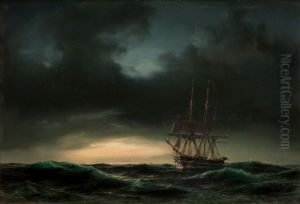 A Danish corvette at sea after a storm. by Anton Melbye