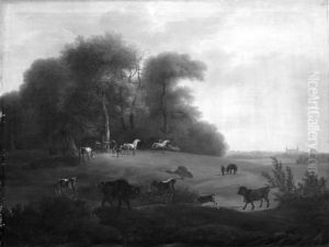 Keld Skov ved Frederiksborg med en del af det kongelige stutteri. I forgrunden schweizer- og tyrolerkvaeg by Christian David Gebauer