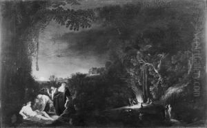 Maneskinslandskab med mytologisk (?) motiv by Moses van Uyttenbroeck