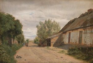 The Outskirts of the Village of Vejby. By the Roadside the Painter J.Th. Lundbye Sketching