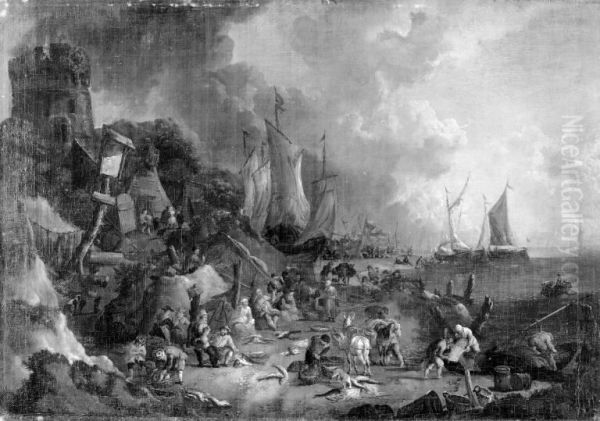 Mountainous Coast with Fishing Boats and Fishermen on the Beach - view 1