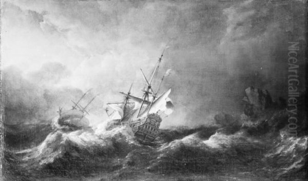 Dutch Men-of-War in a Storm off a Rocky Coast - view 1