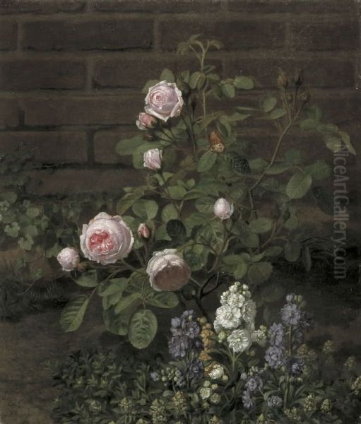 Et mosrosetrae omgivet af sommerblomster - view 1