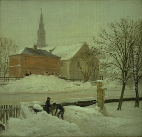 Udsigt fra kunstnerens bolig i Loweners ejendom pa Christianshavn. Vinterdag med sne - view 1