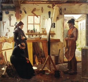 To kvinder besoger landsbykunstneren for at se det bestilte gravkors by Christen Dalsgaard