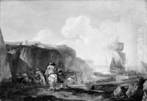 Jagtselskab ved en sydlandsk havn by Abraham Begeyn
