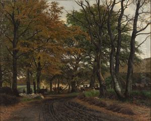 En opkort vej under gamle traeer by Viggo Christian Frederik Vilhelm Pedersen