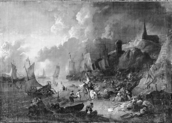 Mountainous Coast with Fishing Boats and Fishermen on the Beach - view 1