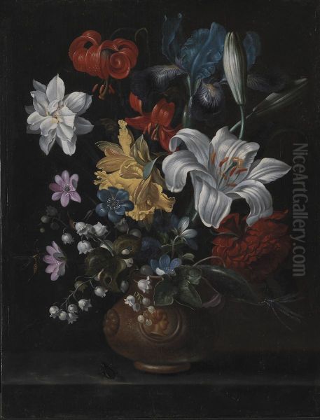 En stentojskrukke med blomster - view 1