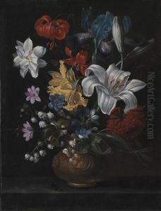En stentojskrukke med blomster by Jacob Marrel