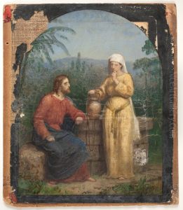 Olieskitse til Jesus og Samaritanerinden ved bronden by Anton Dorph