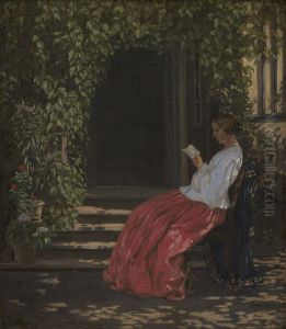 Laesende dame uden for en havedor by Vilhelm Kyhn