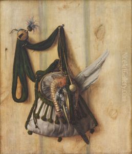 Trompe l'oeil med falkonertaske og andet udstyr til falkejagt Trompe l'oeil med falkonertaske og andet udstyr til falkejagt