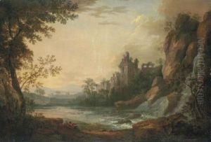 A River Landscape With Travellers Resting On A Path, A Ruined Castle Beyond