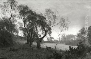 Taget efterarsmorgen i udkanten af en birkeskov. Motiv fra egnen ved Silkeborg by Janus Andreas Bartholin La Cour