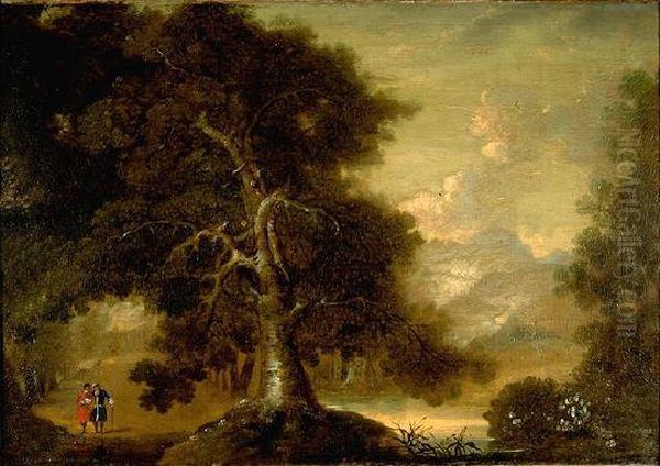An Extensive Parkland Scene With Two Figures Walking In An Avenue - view 1