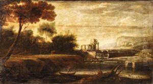 Moonlit River Landscapes With Boatmen Near A Waterfall, Ruinsbeyond