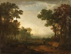 An Arcadian Landscape With Travellers And Herdsmen On A Path
