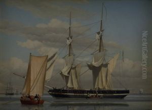 En amerikansk orlogsbrig, der ligger for anker, mens sejlene torres by Christoffer Wilhelm Eckersberg
