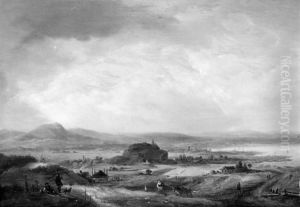 Bakket landskab med bonderhuse. I baggrunden en so by Johann Salomon Wahl