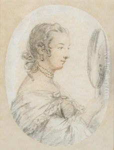A Lady, In Profile To The Right Gazing At Her Reflection In A Hand Held Mirror, She Wears Dress, Cloak And Three Strand Choker. by Penelope Carwardine