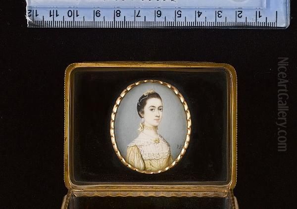 A Lady, Wearing Yellow Dress With Slashed Sleeves To Reveal White, White Lace Trimmed Panel And Matching Collar Held With Yellow Ribbon, Drop Pearl Earring And Yellow Ribbon Choker, Her Hair Adorned With String Of Pearls And Yellow Bow. - view 1