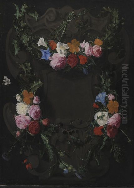 A Stone Cartouche with a Garland of Flowers - view 1