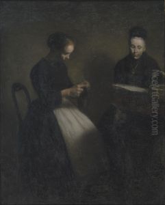 Evening in the Drawing Room. The Artist's Mother and Wife by Vilhelm Hammershoi