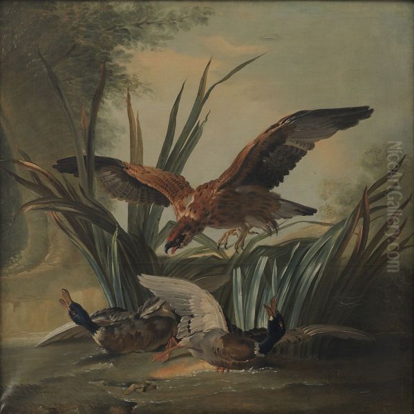 A Hawk Puncing on a Pair of Ducks - view 1