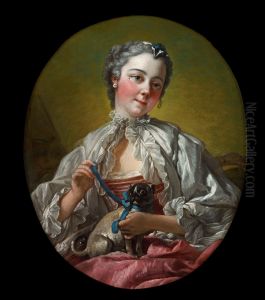 A young lady holding a pug dog by Francois Boucher