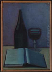 Opstilling med bog, glas og flaske by Vilhelm Lundstrom