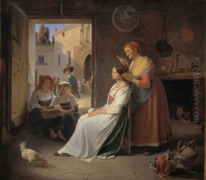 A Young Italian Woman being Adorned by her Mother by Albert Kuchler