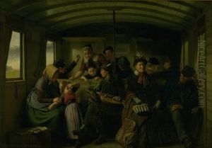 I en tredieklasses jernbanekupe by Julius Exner