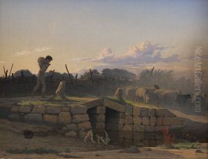 En hyrdedreng, der driver en flok far by Johan Vilhelm Gertner