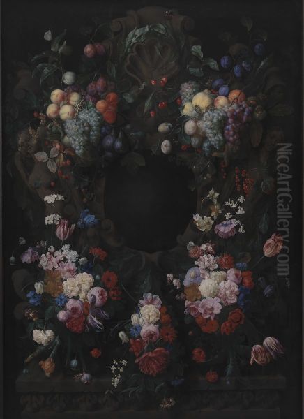 Stone Cartouche with Fruit and Flower Garland - view 1