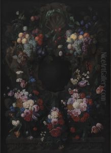 Stone Cartouche with Fruit and Flower Garland by Joris Van Son
