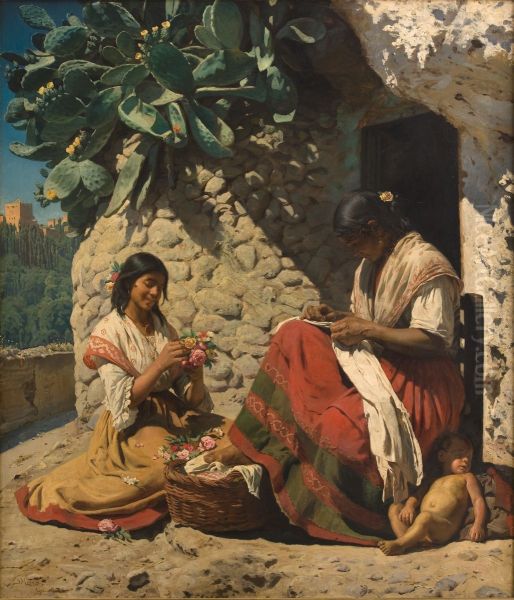 Two Gypsy women outside their cottage, Spain - view 1