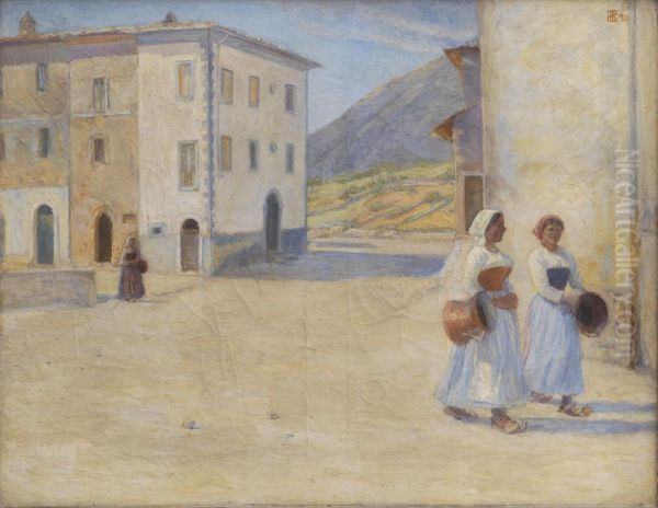 Piger pa vej til bronden efter vand ved middagstid. Civita d'Antino - view 1