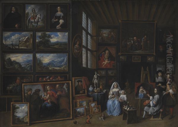 Et billedgalleri med en kunstner, der maler en kvinde og en pige. Allegori over malerkunsten - view 1