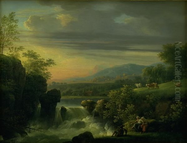 A Mountainous Landscape with a Waterfall. Sunrise - view 1